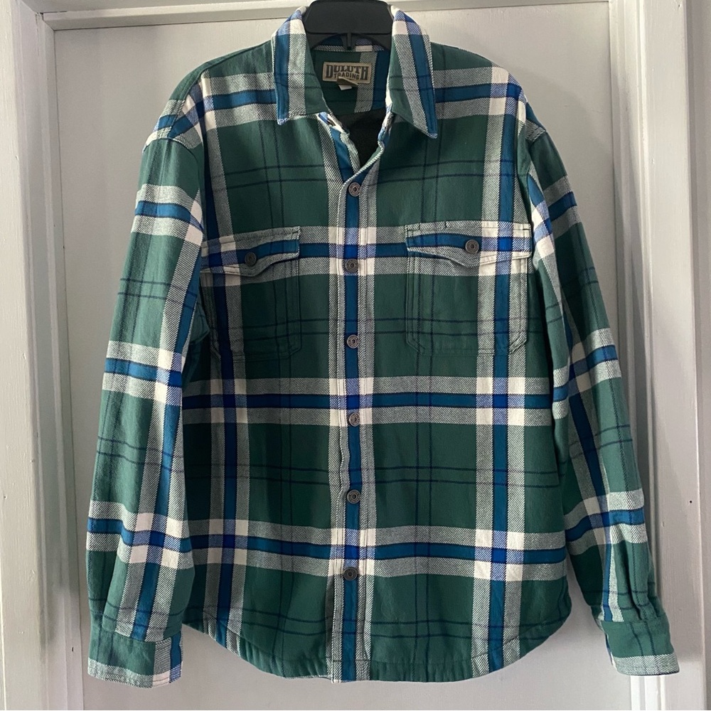 Duluth Trading Co Green and Blue Plaid Men’s Fleeced Lined Shirt Jacket L